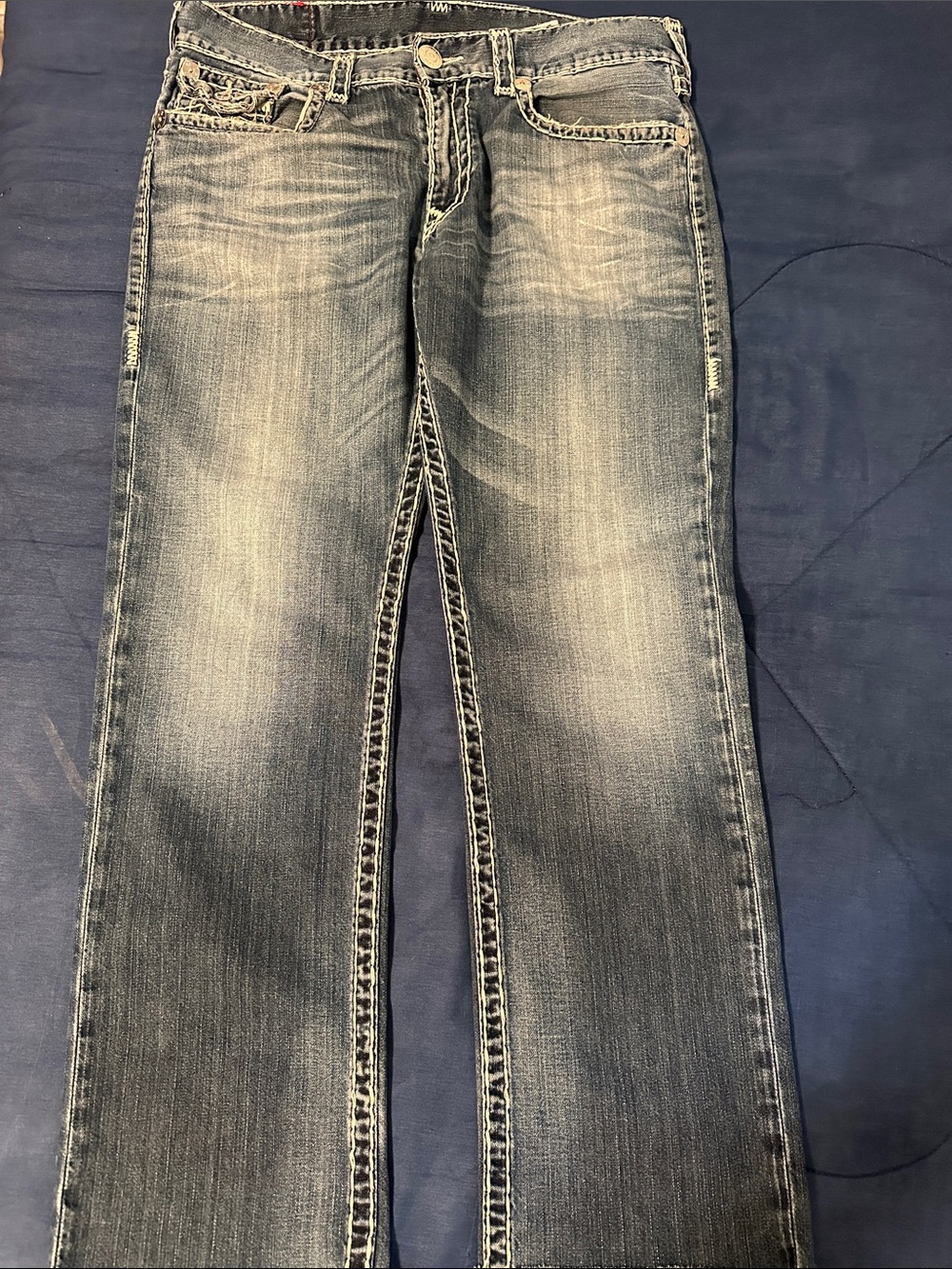 True Religion Men’s Straight Jeans in Washed Blue